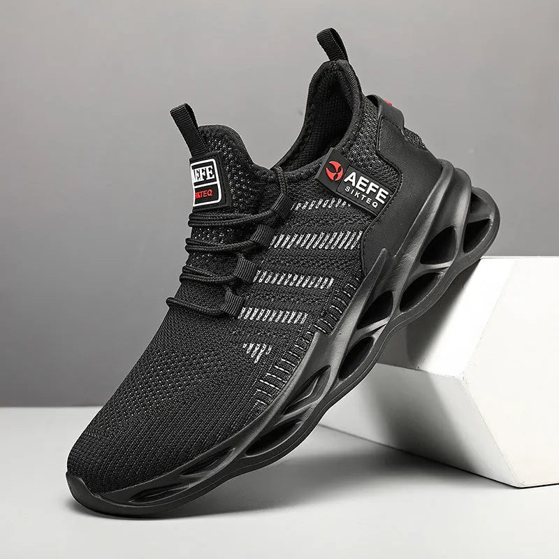 Men's black mesh casual running shoe with low top, round toe, and lace-up front.