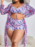 Women's floral print polyester bikini set with bra, briefs, and cardigan.