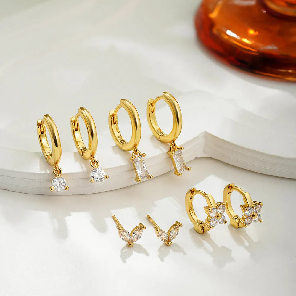 Women's geometric copper earrings four-piece set with gold electroplated star and quadrilateral designs