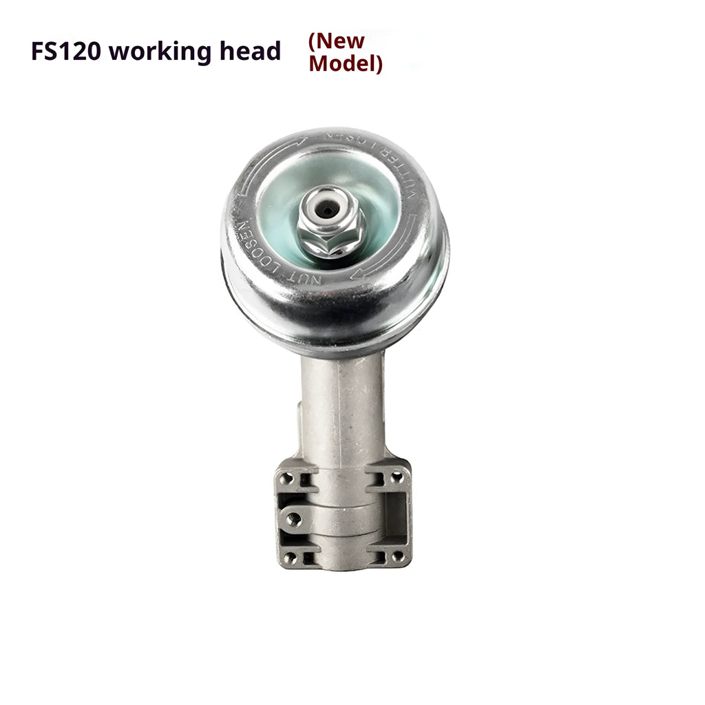 Metal working head FS120 new style lawn mower replacement part on white background