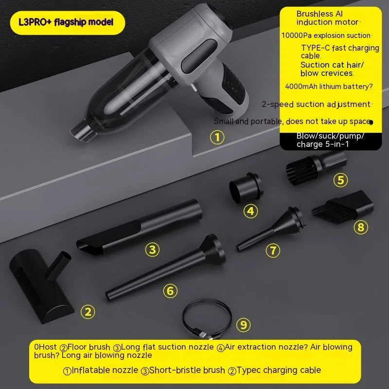Black cordless handheld car vacuum cleaner with attachments on a grey car seat.