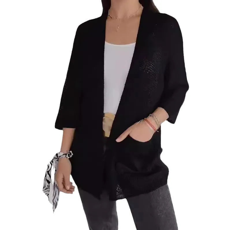 Women's waffle knit cardigan coat with nine-quarter sleeves in army green colour with side pockets