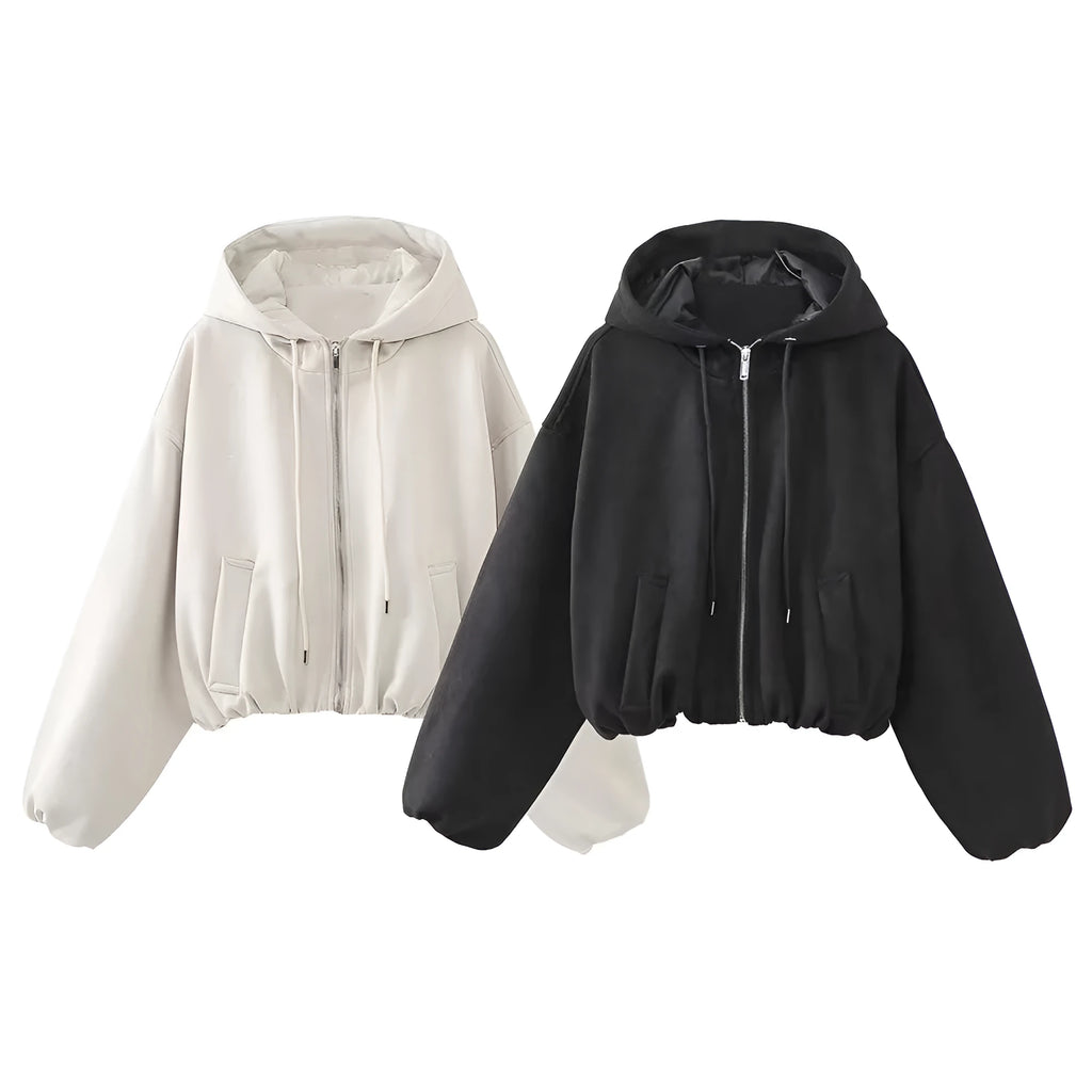 Women's suede hooded casual jacket in white or black colour with Asian sizing