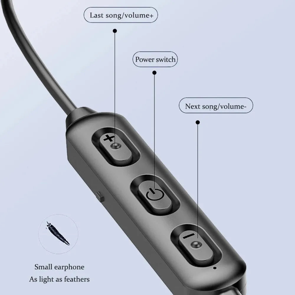 Black wireless neck-mounted sports earphones with Bluetooth 5.0 and custom logo printing option