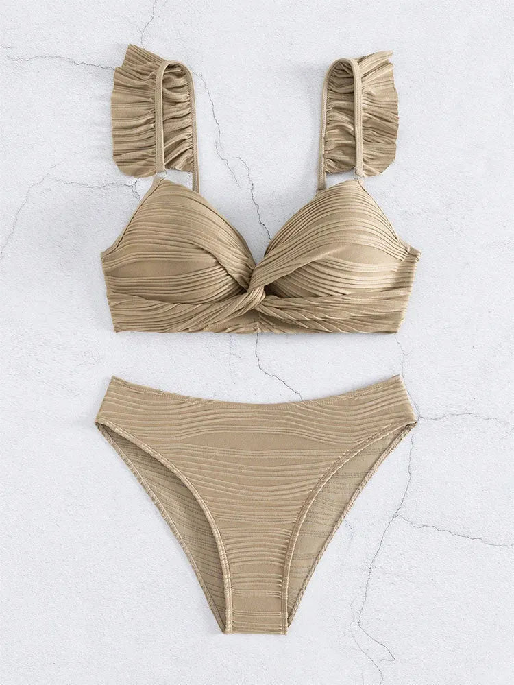 Women's solid colour bikini swimsuit in black or khaki polyester fabric