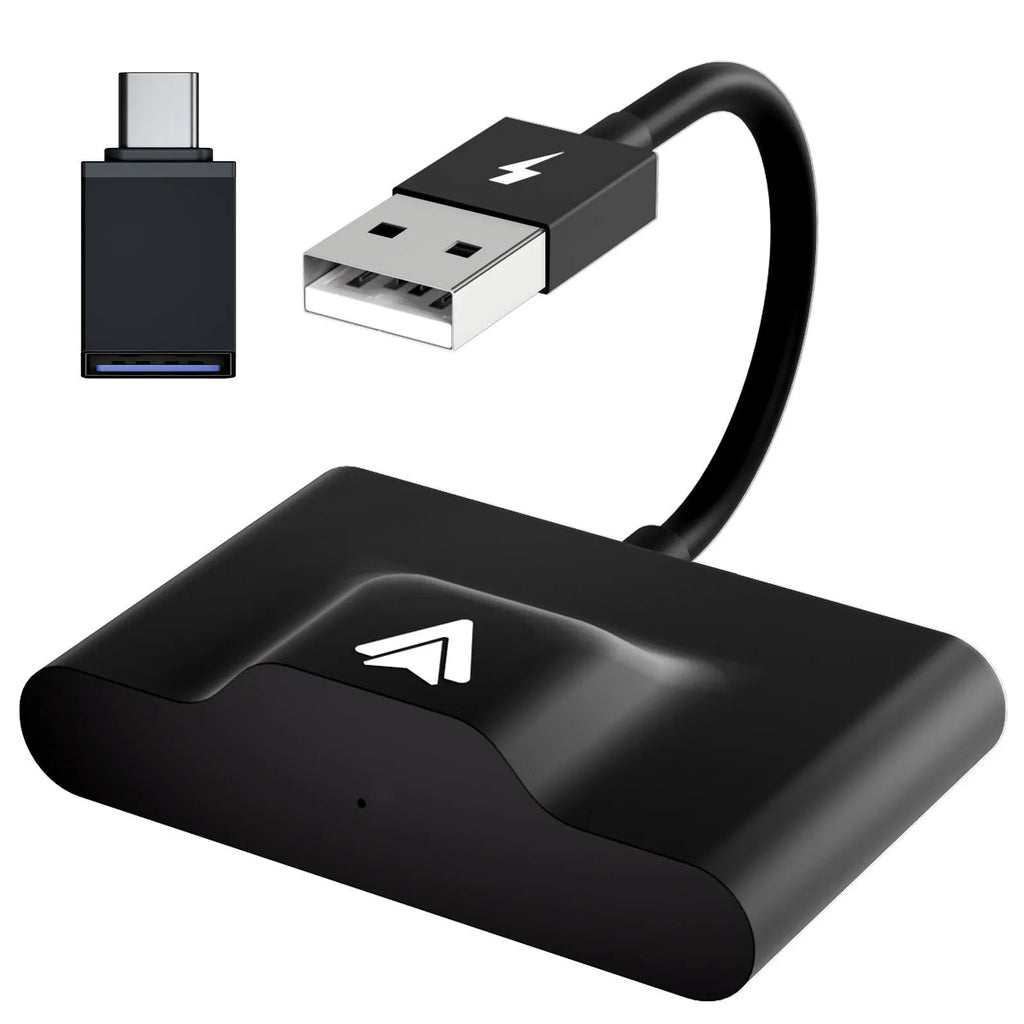 Car wireless Android adaptor for CarPlay systems in black and white colour options.