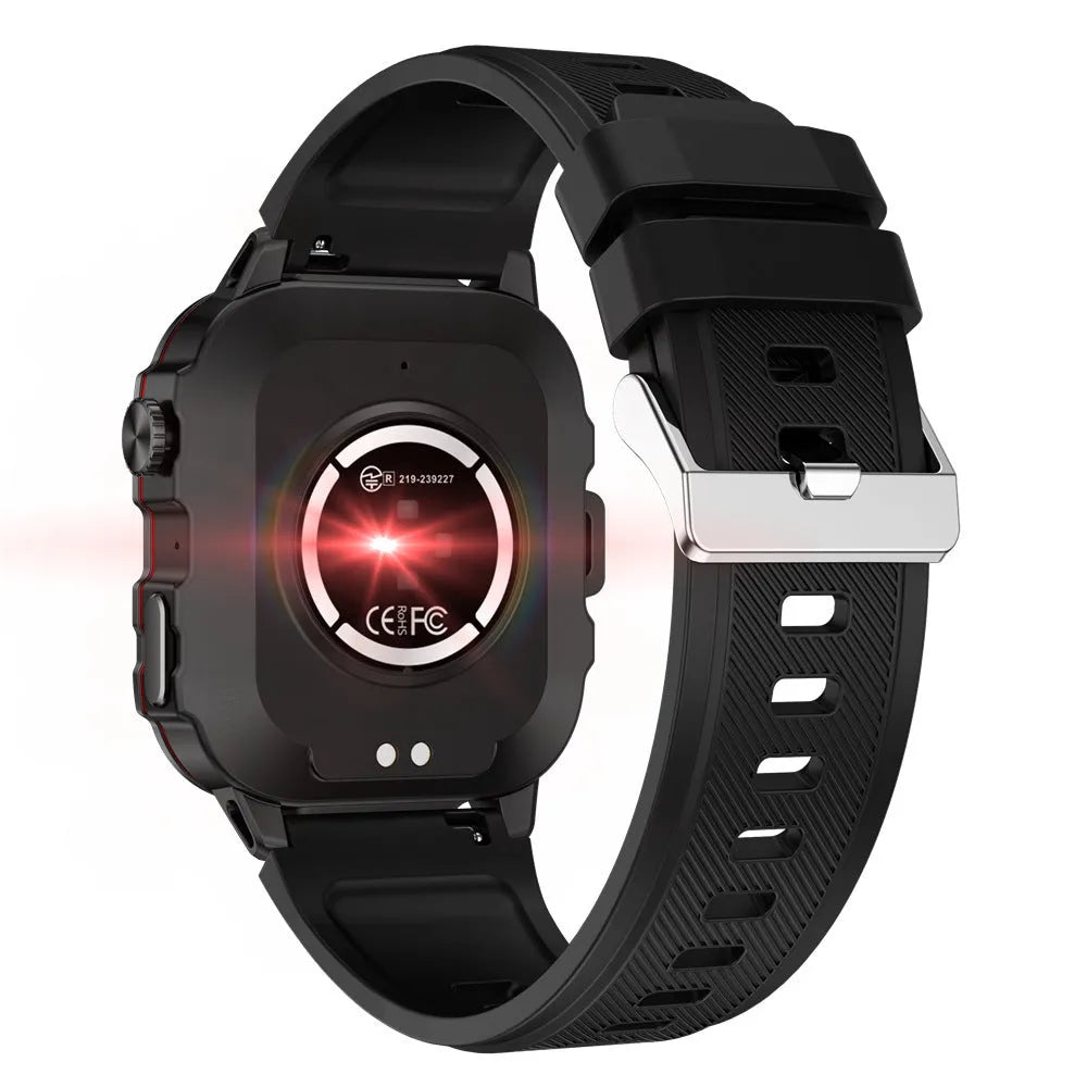 QX11 Smart Bluetooth Watch in black with zinc alloy case and leather strap showing touch screen display