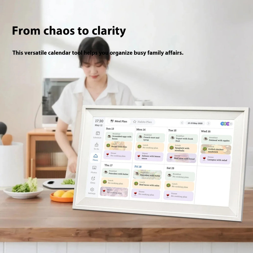 White 15.6-inch smart digital photo frame with mobile app control on tabletop