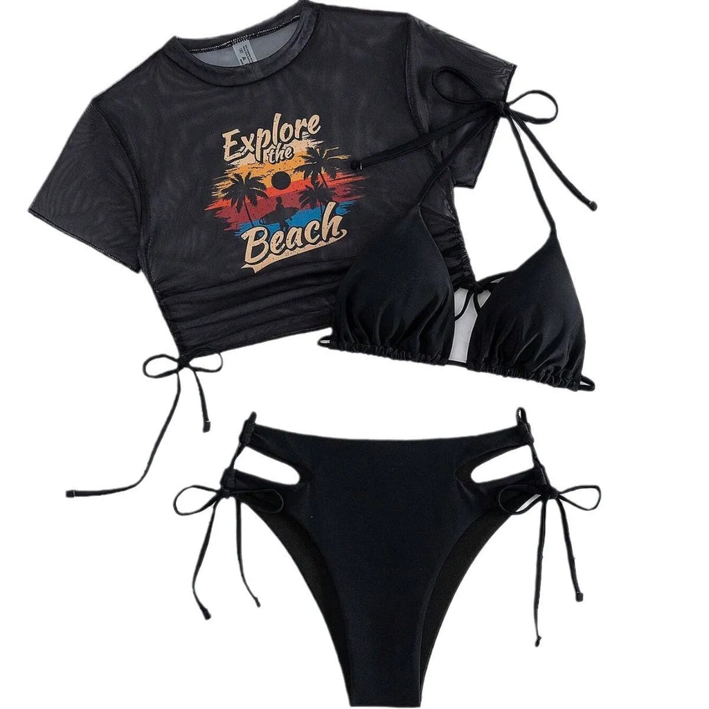 Women's three-piece bikini swimsuit set with short sleeves and high-waisted shorts in nylon spandex fabric