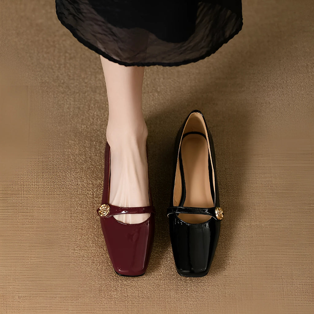 Wine red French low heel chunky heel pumps with square toe and microfiber upper