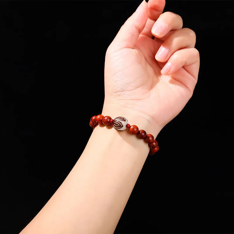 Red rosewood and grey jade Chinese style bracelet with Bodhi lotus design, showing 8mm and 12mm beads