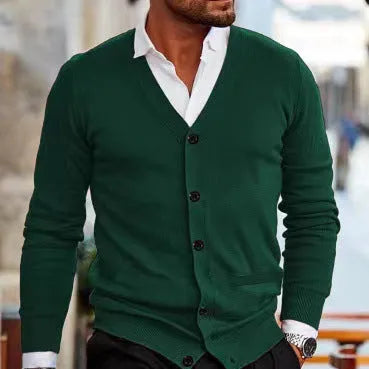 Men's slim fit acrylic cardigan sweater in a range of colours including beige, black, dark green, and wine red.
