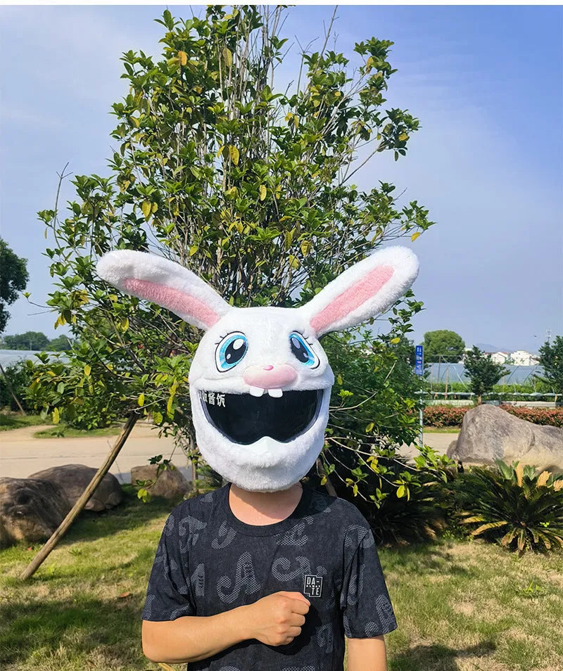 White rabbit plush helmet cover for electric motorcycle with long ears.