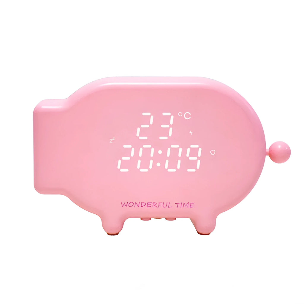 Blue USB-powered LED alarm clock with temperature display and charging port
