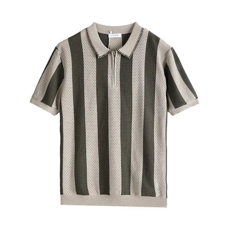 Men's black and white striped short sleeve viscose sweater with zip details on the front.