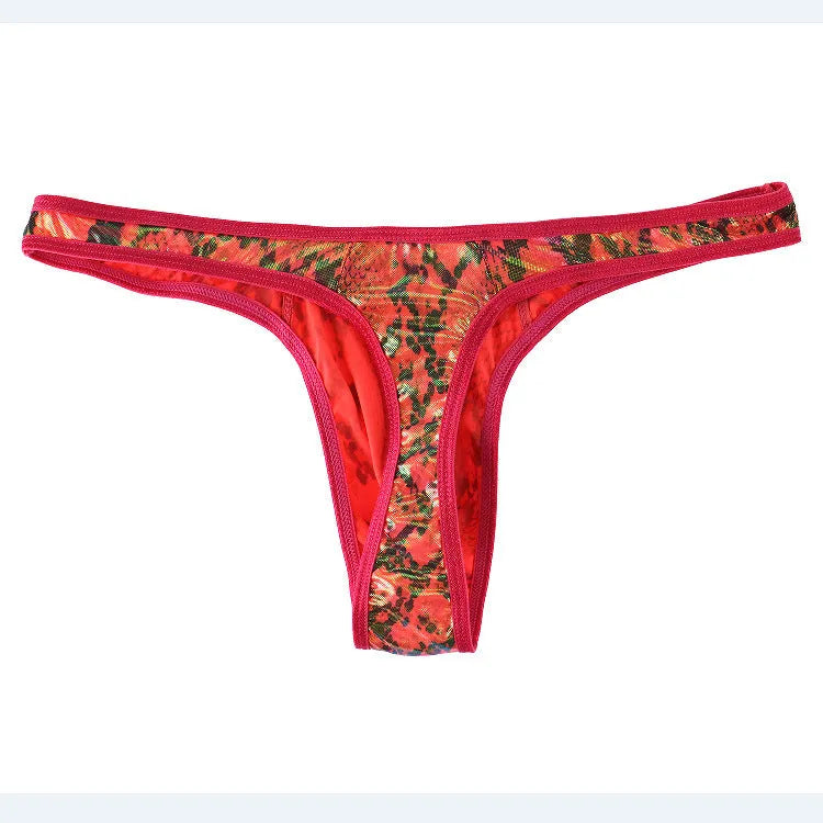 Men's green camouflage snake print thong underpants with low waist T-back design on white background