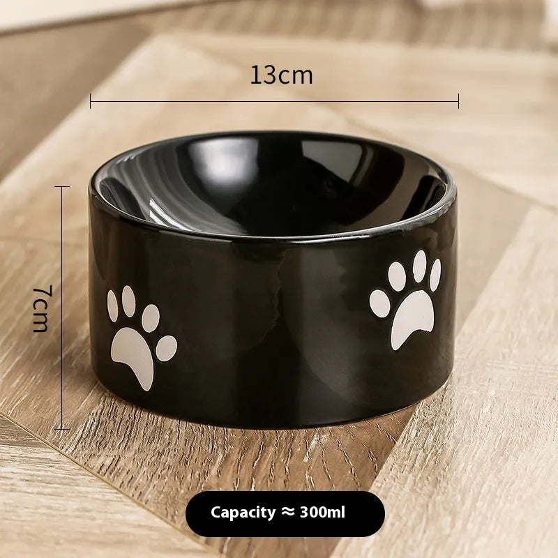 Ceramic cat bowl with neck protection design and cat's paw pattern in selected colour
