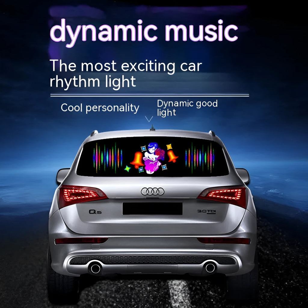 Long rectangular car rhythm lamp with electroluminescent panel showing colourful music-reactive light patterns