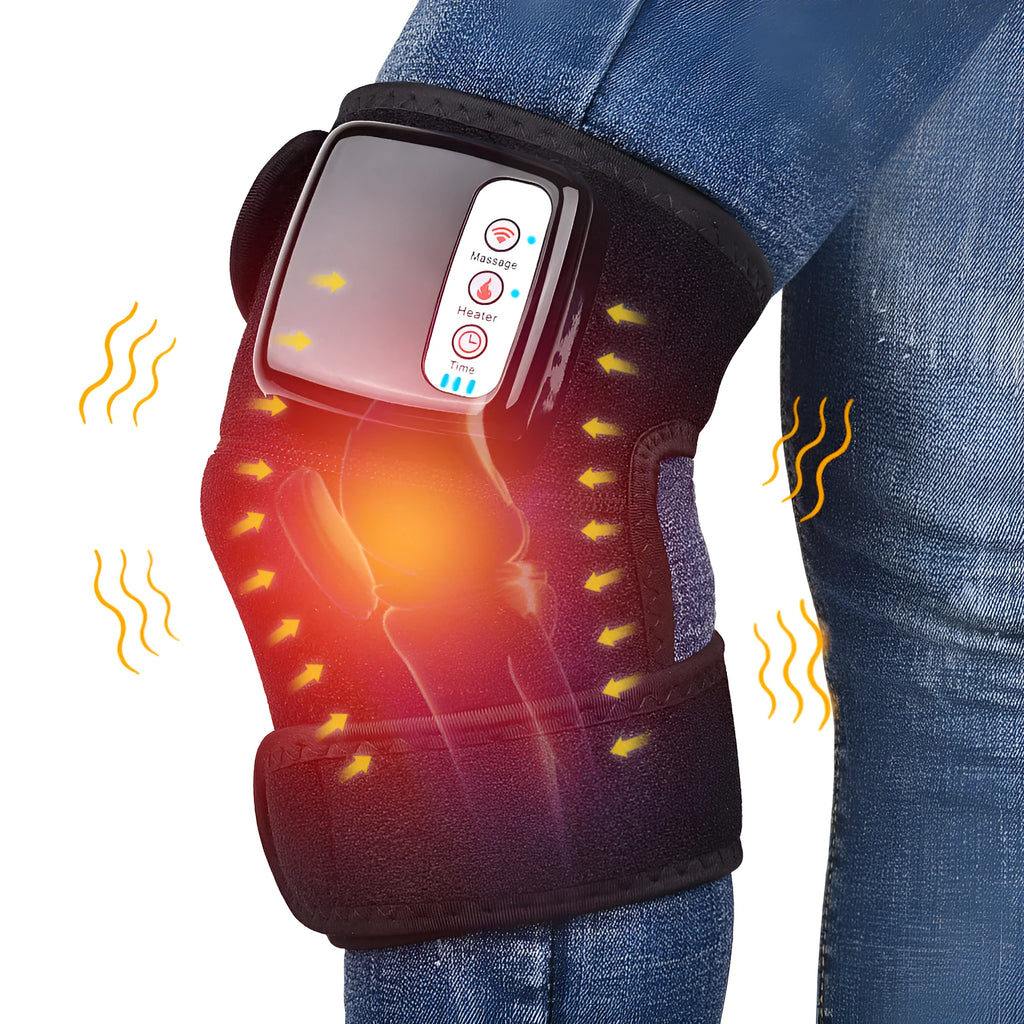 Electric infrared heating knee massager wrap with vibration and rechargeable battery on a knee joint