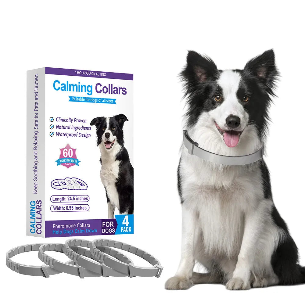 Pack of four dog anxiety relief collars in TPR, showing black, blue, grey, orange, pink, and purple monochrome dog patterns.