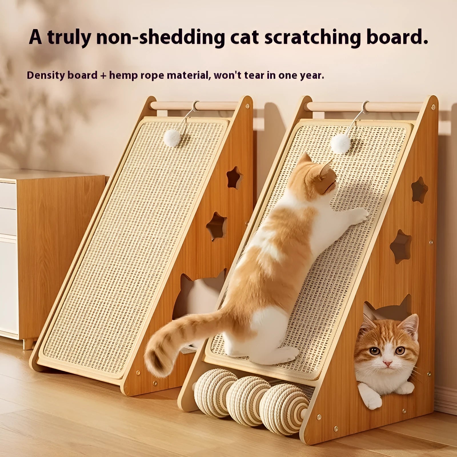 Vertical wall-mounted cat scratch board with sisal surface and dangling teasing ball
