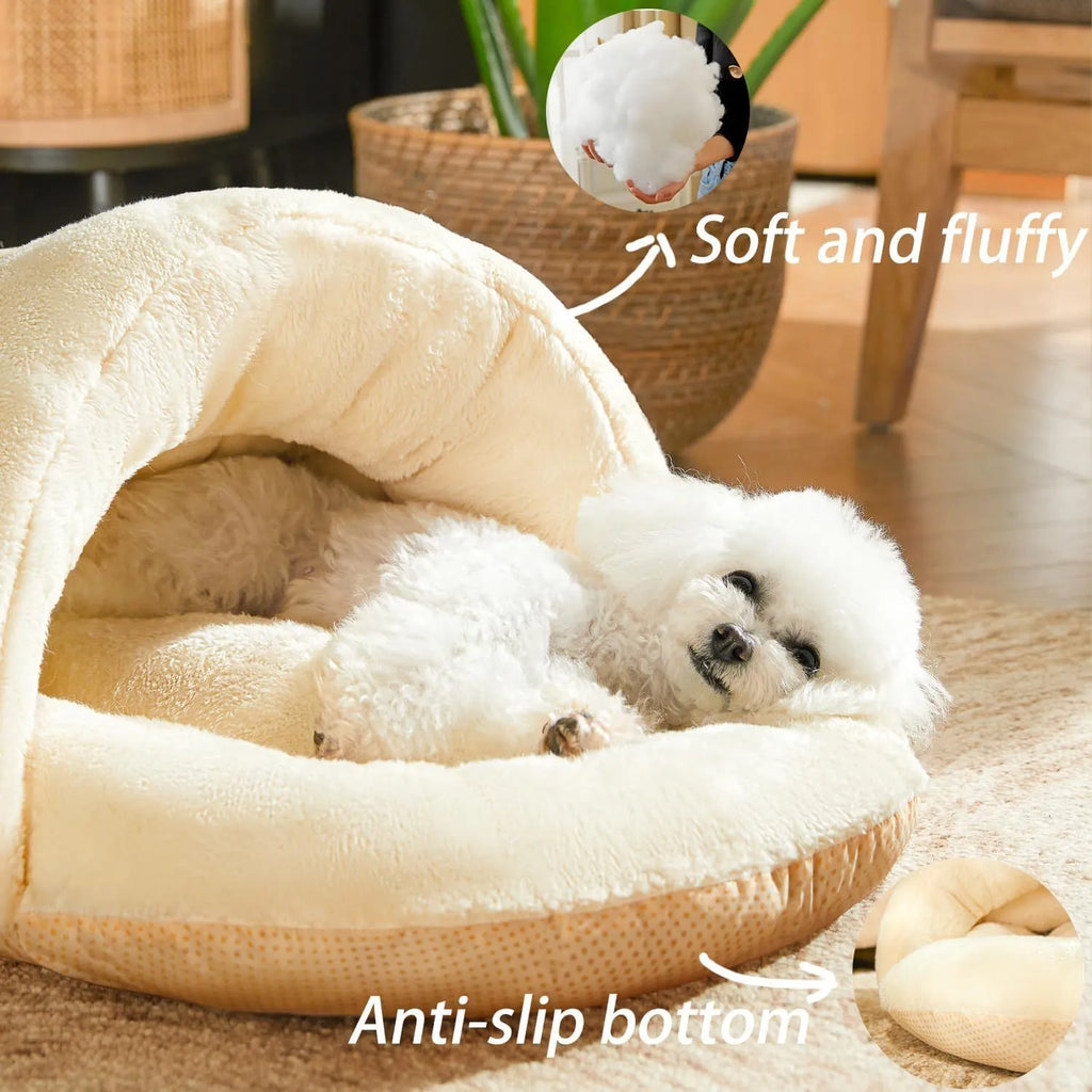 Grey slipper-shaped cat cave bed with plush lining shown both as an enclosed hideout and opened as a flat bed.