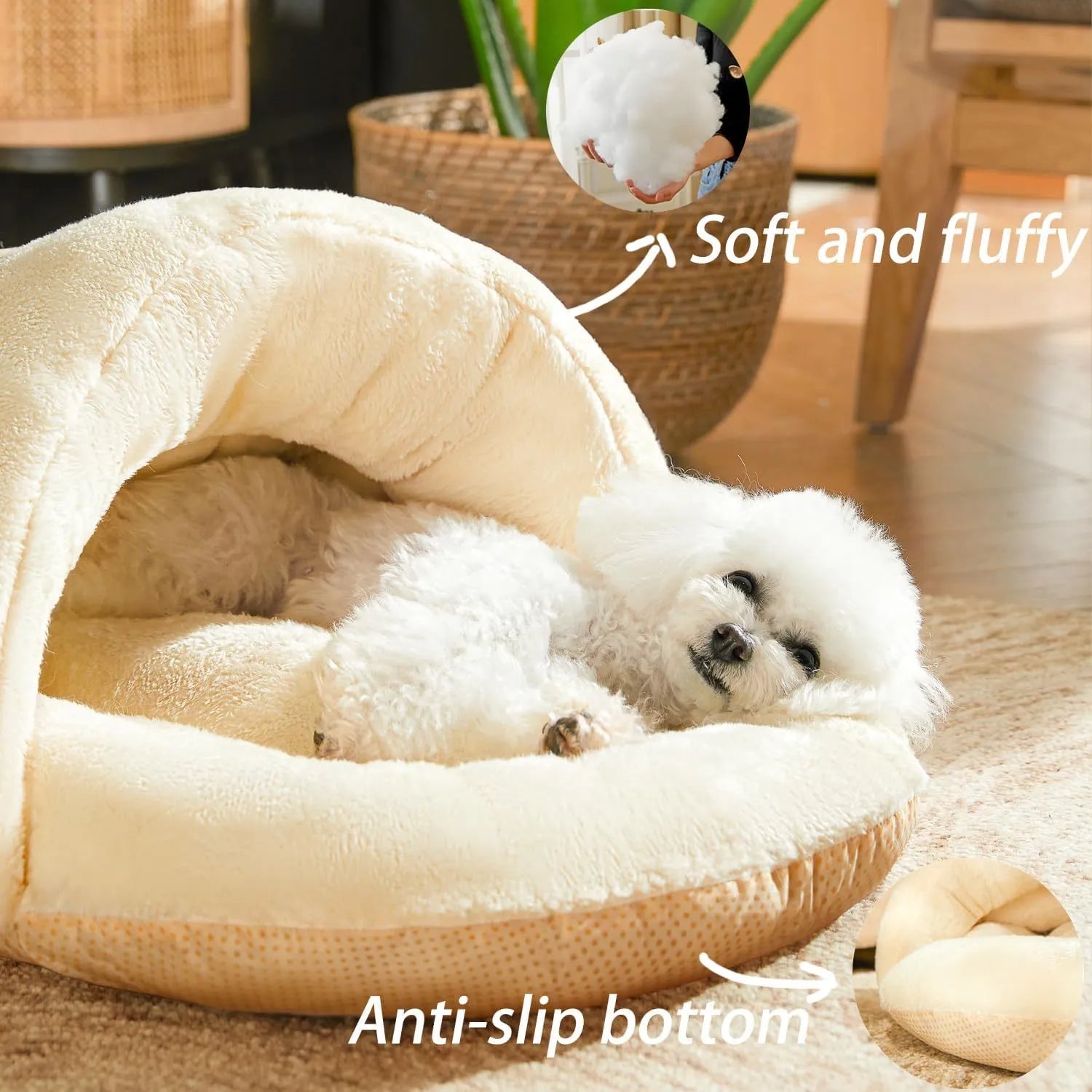 Grey slipper-shaped cat cave bed with plush lining shown both as an enclosed hideout and opened as a flat bed.