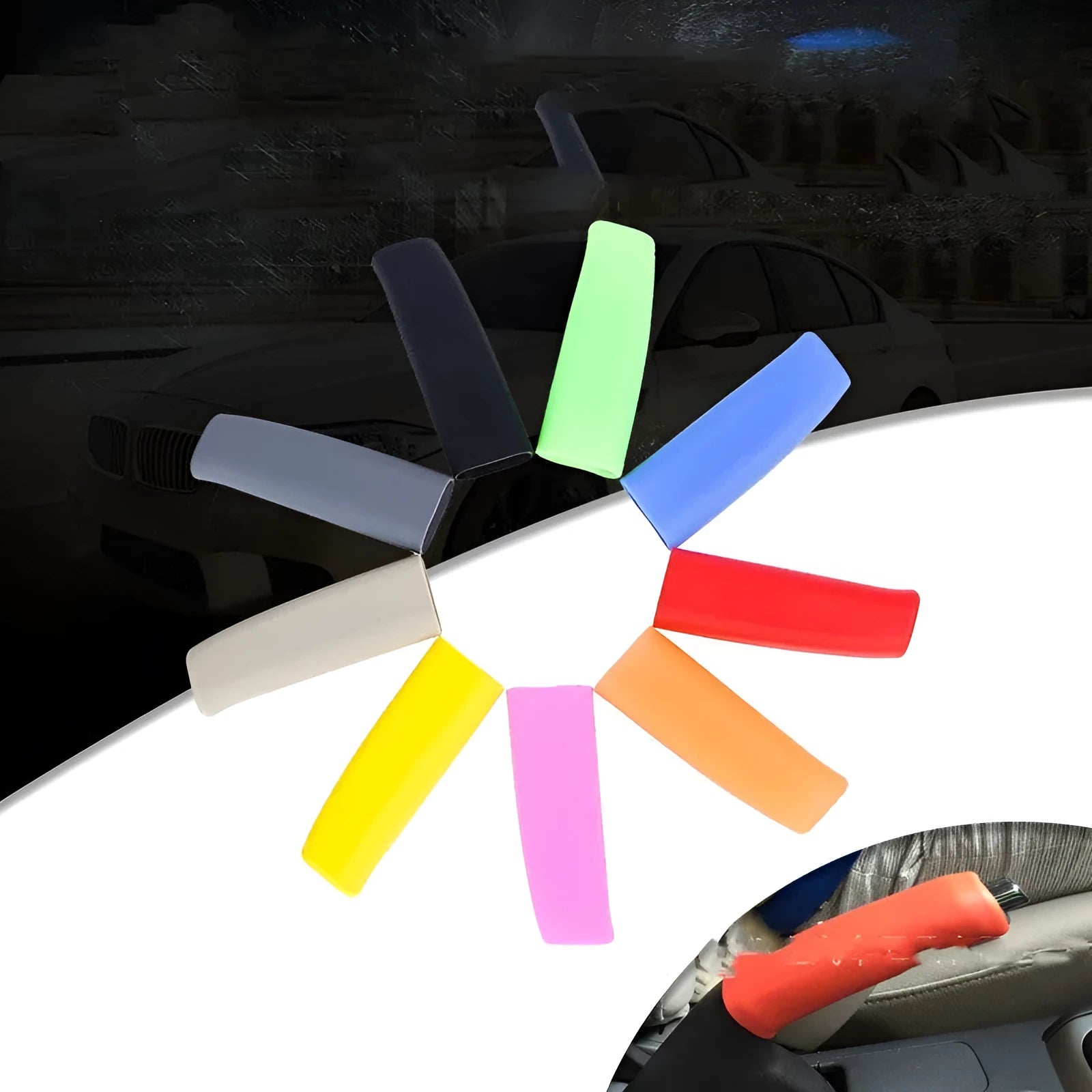 Silicone handbrake sleeve in five colour options showing universal fit for car interiors