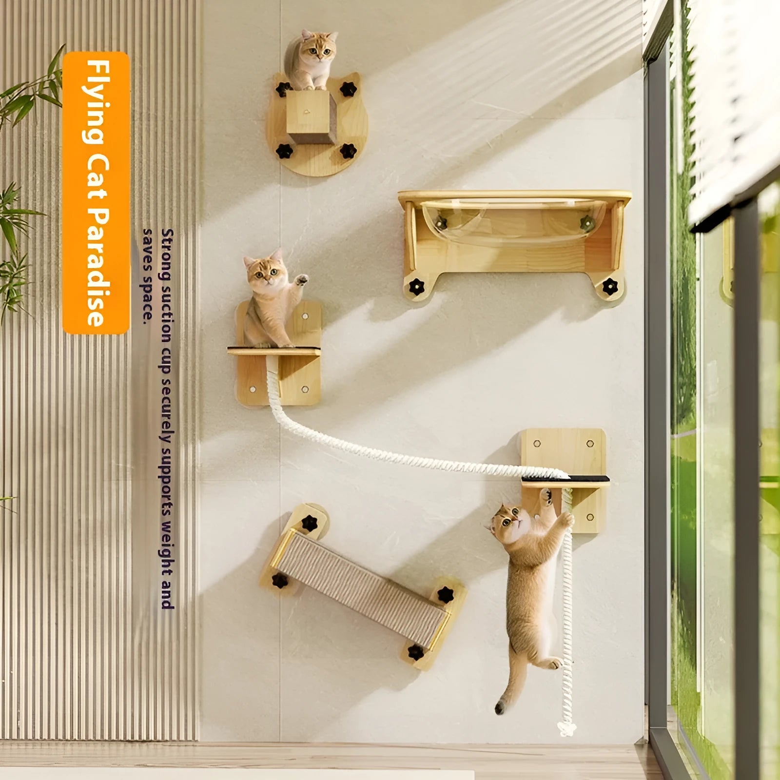 Wall-mounted sisal cat climbing frame with attached scratching post and rope ladders.