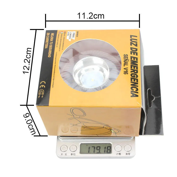 V16 LED emergency warning light with rotating dome and magnetic base on vehicle dashboard