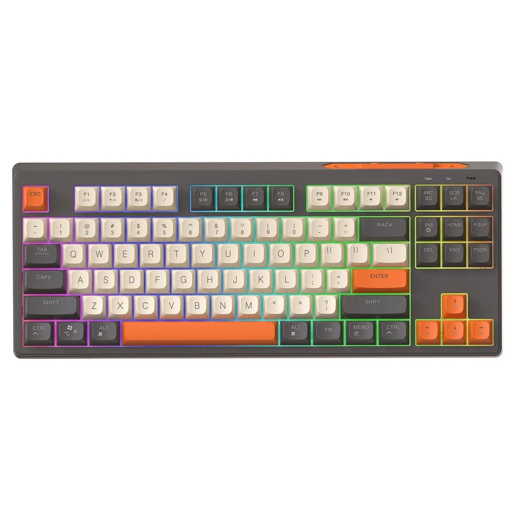 Free Wolf M87 wireless Bluetooth dual mode mechanical feeling keyboard in blueberry colour on desk