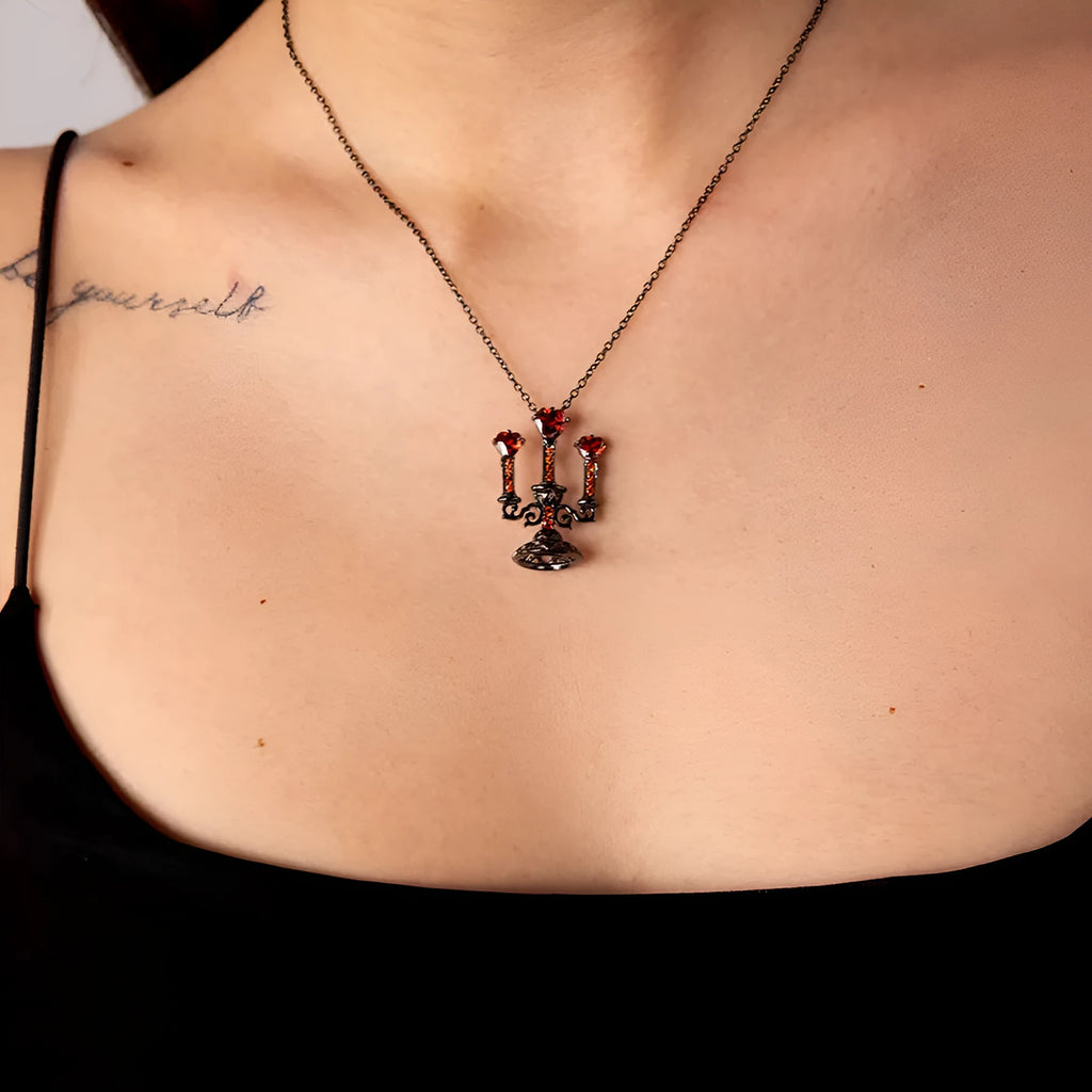 Retro candlestick pendant on Gothic cross chain necklace with hollow zinc alloy construction and diamond-cut surface texture