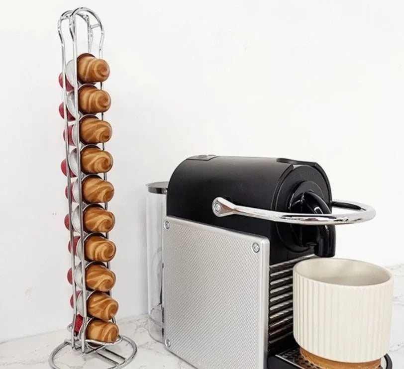 Wrought iron coffee capsule storage rack holding 20 pods in spray black finish