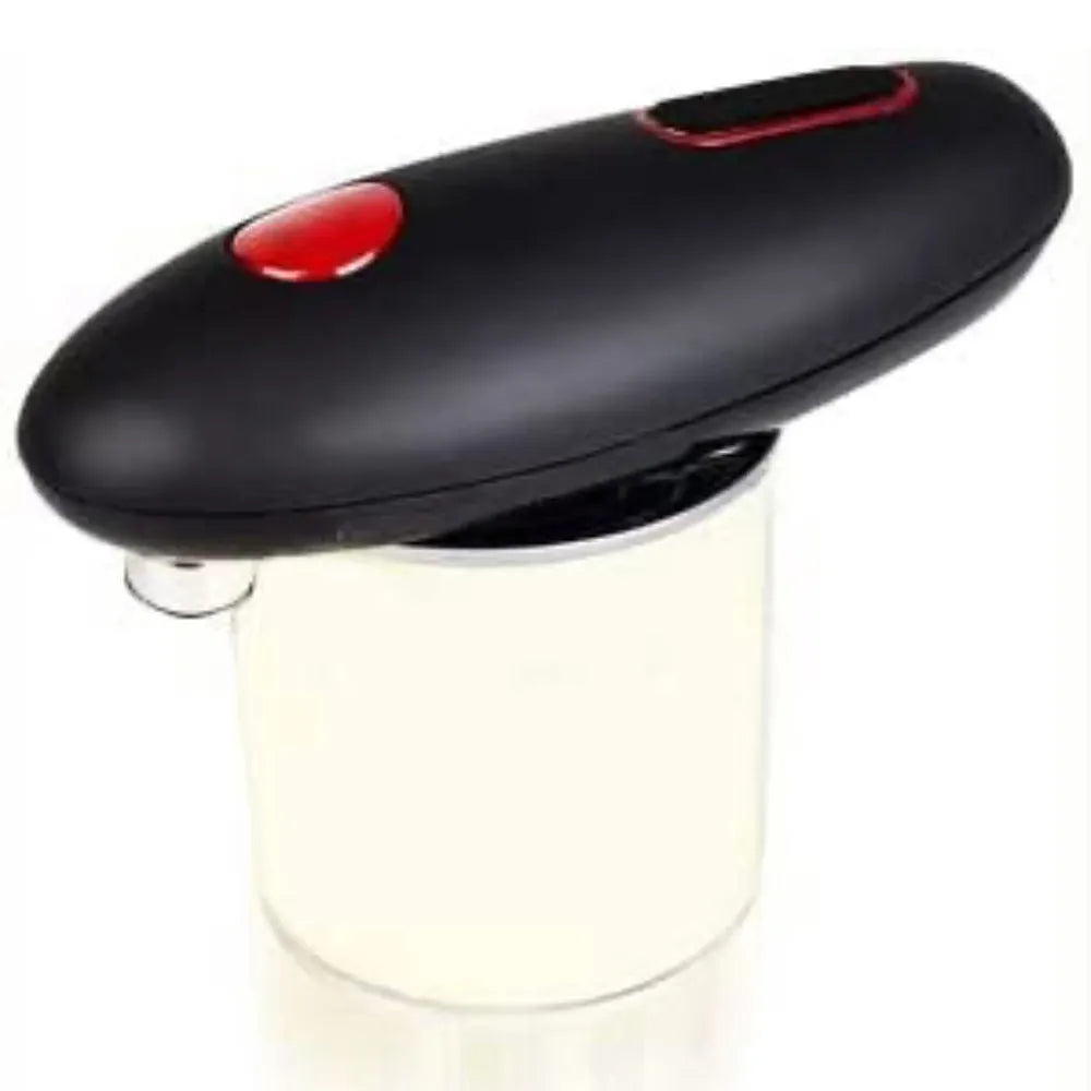 Black electric can opener with compact plastic design and battery compartment