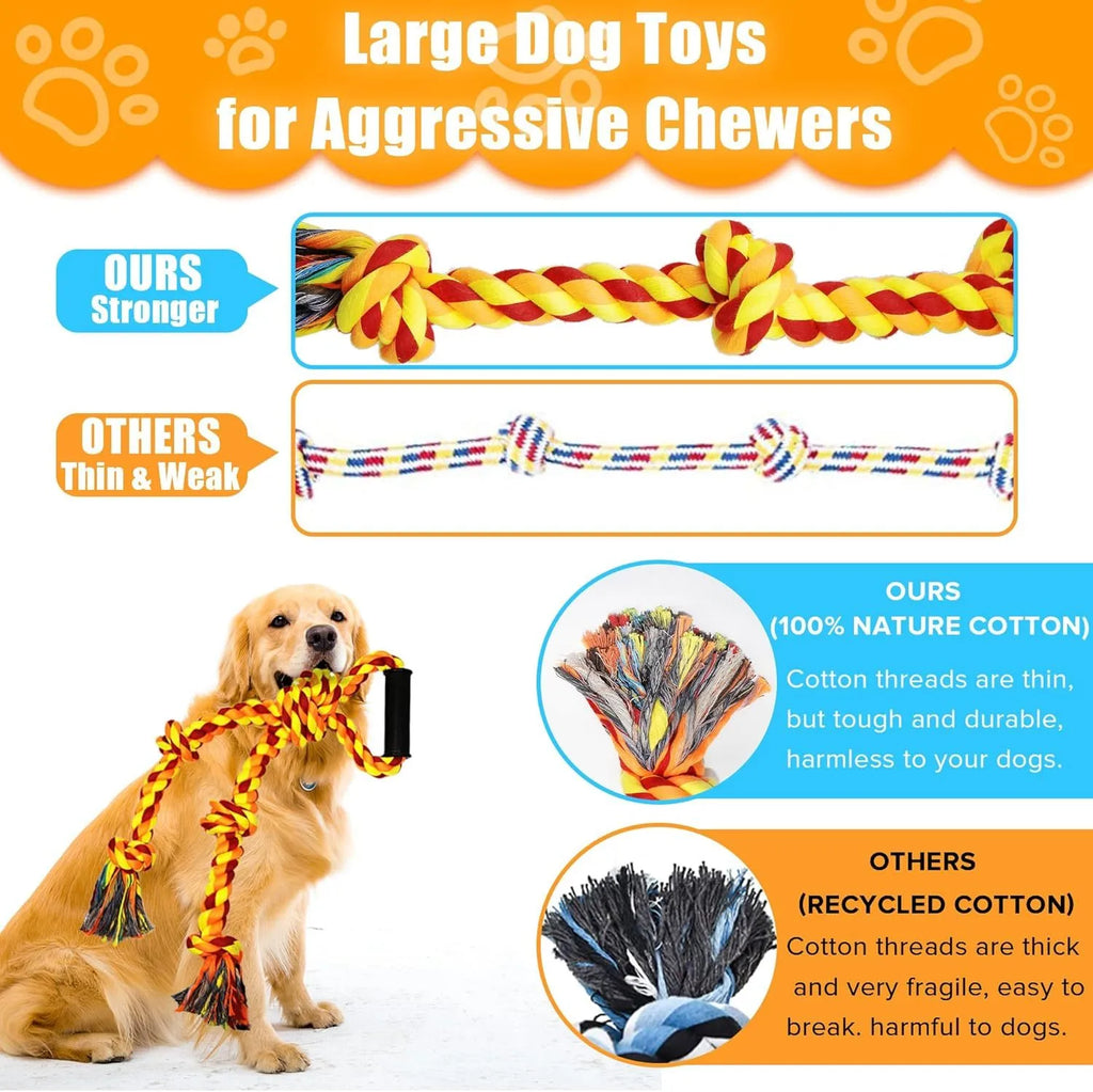 Blue and yellow durable cotton rope tug toy for large dogs with a textured handle