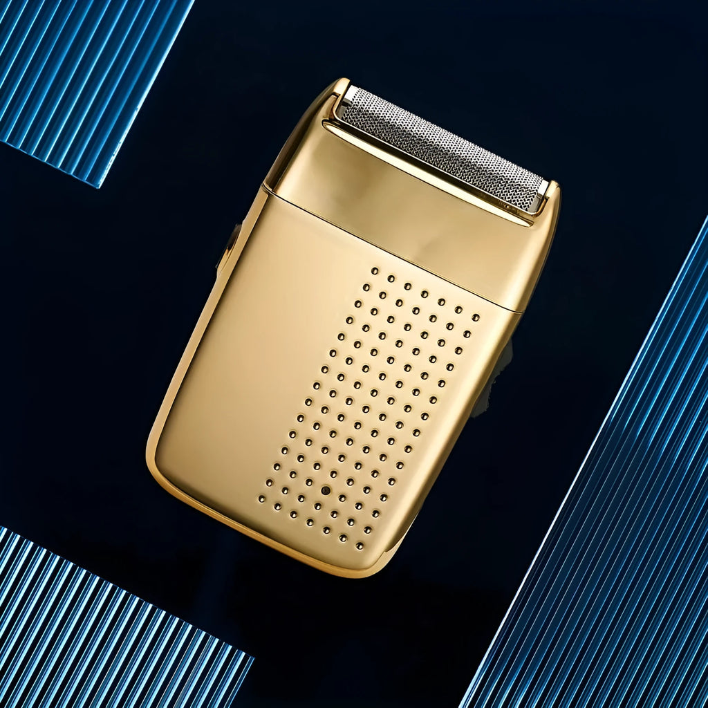 Compact reciprocating travel electric shaver in gold or tarnish, rechargeable with 60 minute battery and removable cutter head