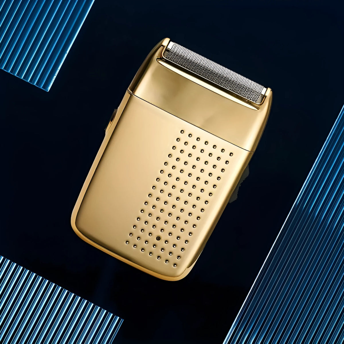 Compact reciprocating travel electric shaver in gold or tarnish, rechargeable with 60 minute battery and removable cutter head