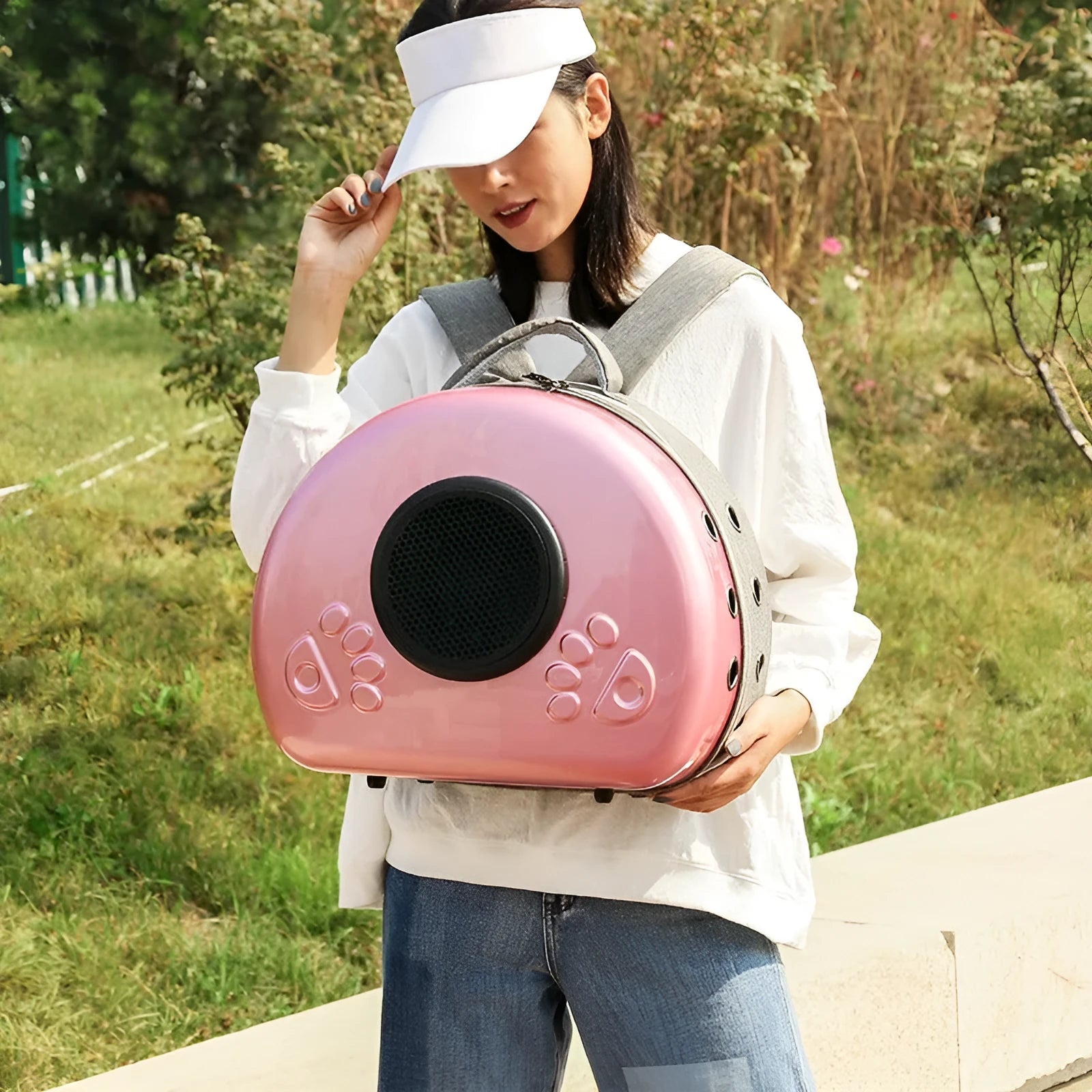 Transparent capsule-style cat carrier bag in PC canvas with solid colour finish.