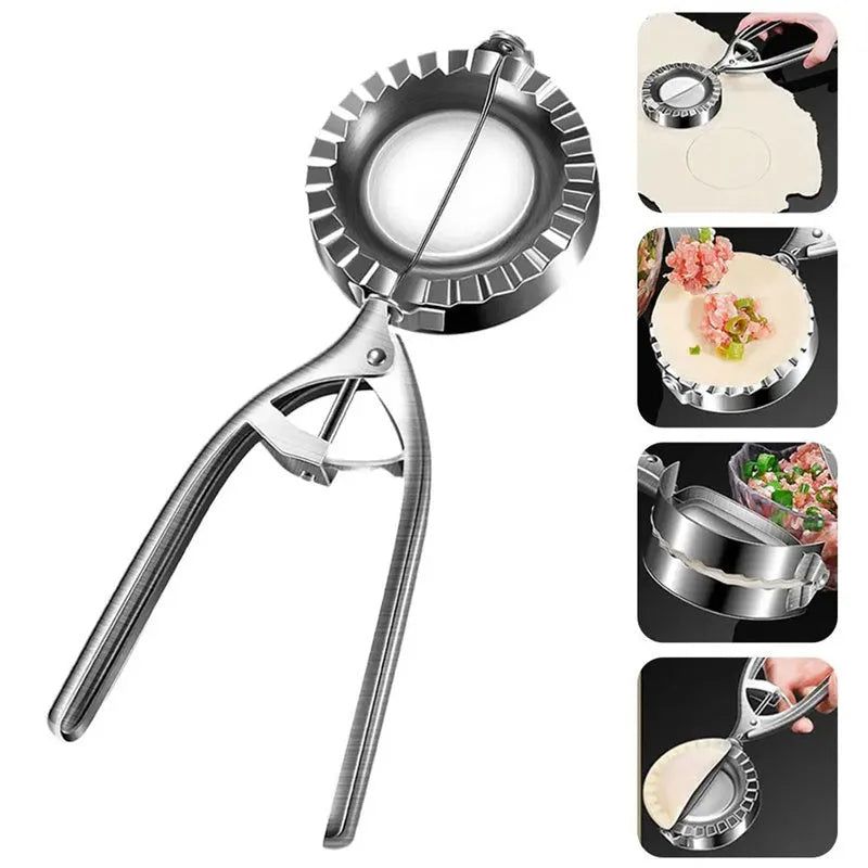 Silver stainless steel dumpling maker mould with handle for pressing homemade dumplings