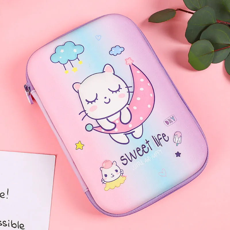Square canvas pencil case with cartoon character design in rabbit, dinosaur, or moon cat style with zippered closure