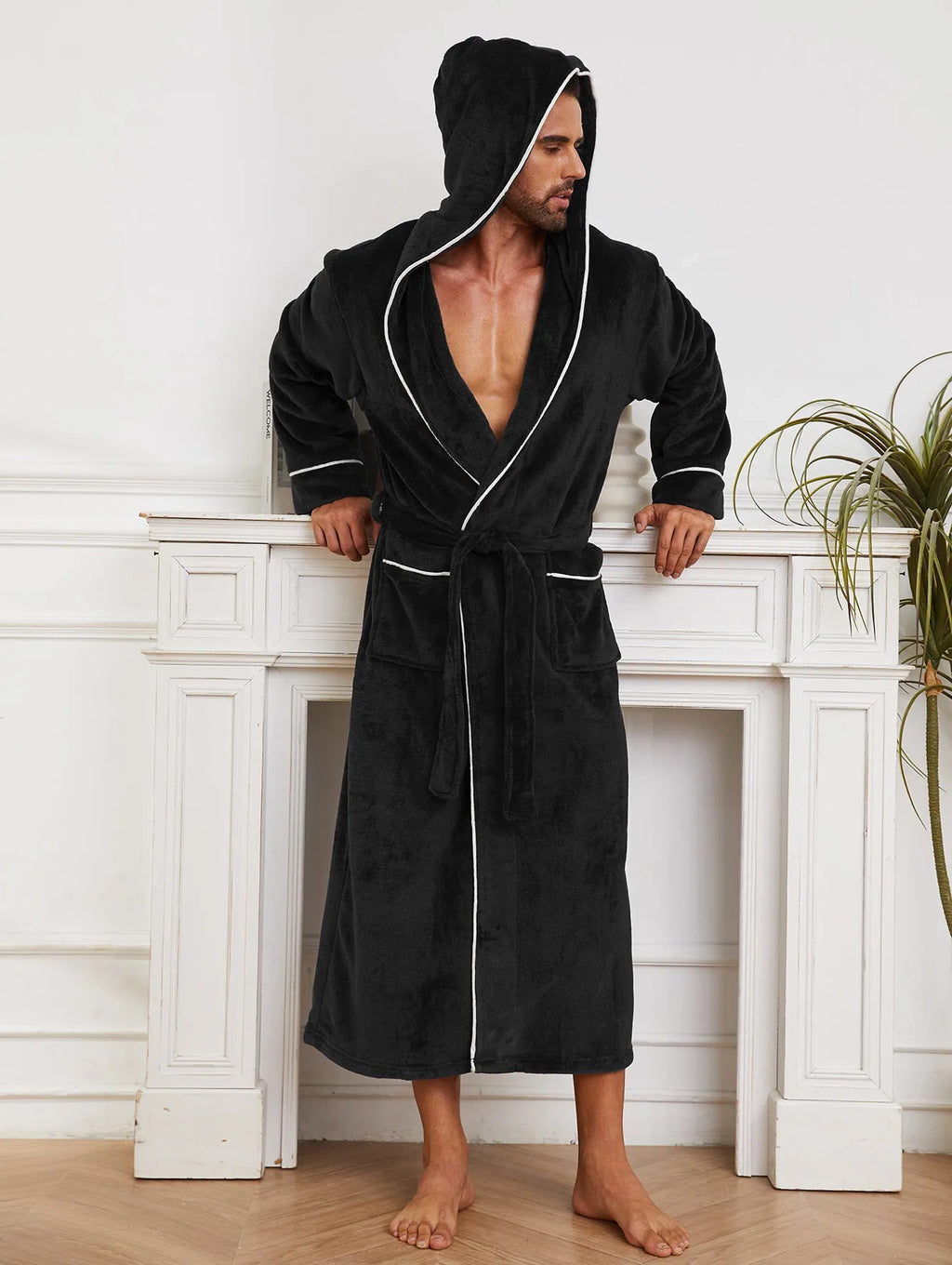 Men's flannel bathrobe in light grey, dark blue, or black polyester for winter