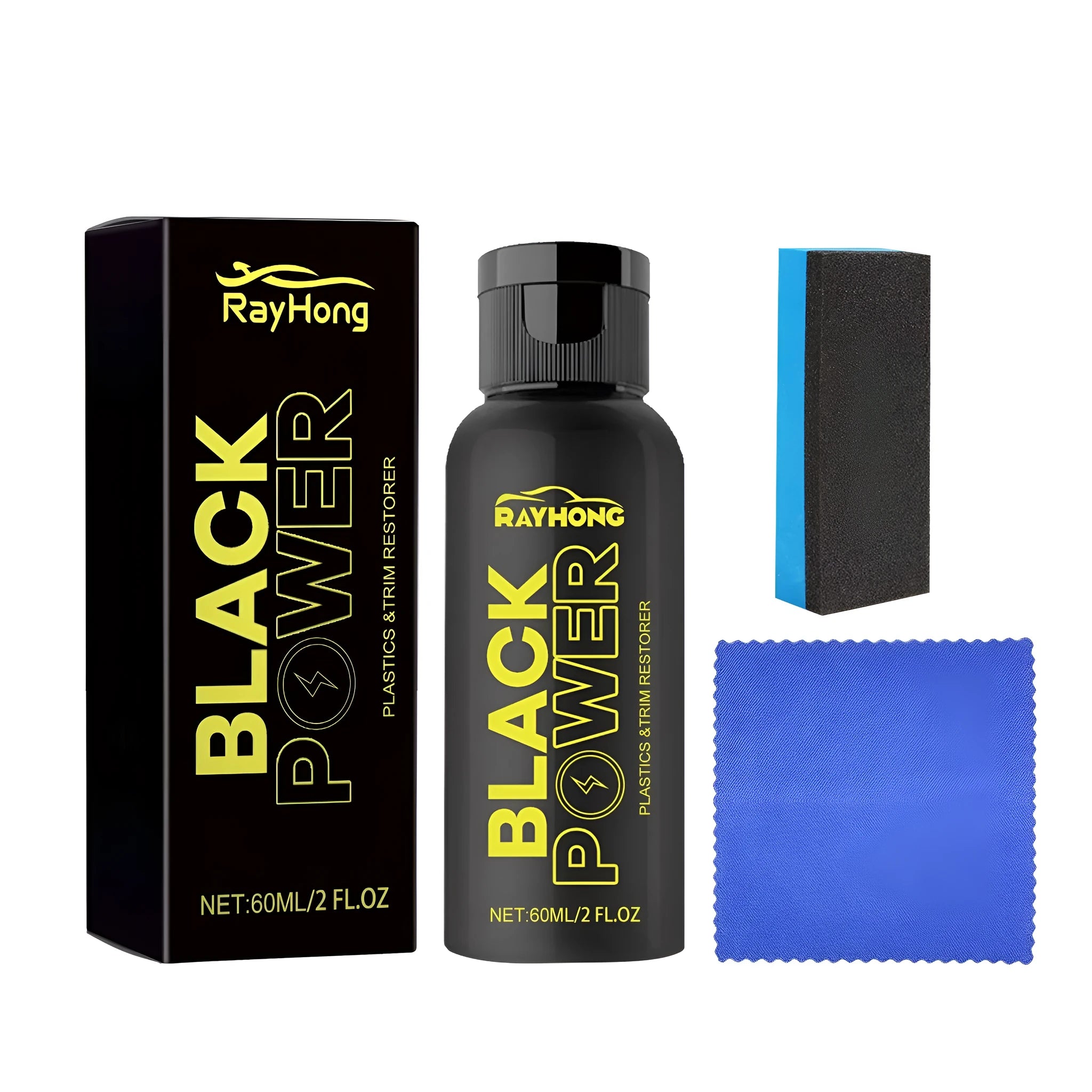 Automotive plastic refurbishment agent kit with bottle, sponge applicator, and microfibre cloth