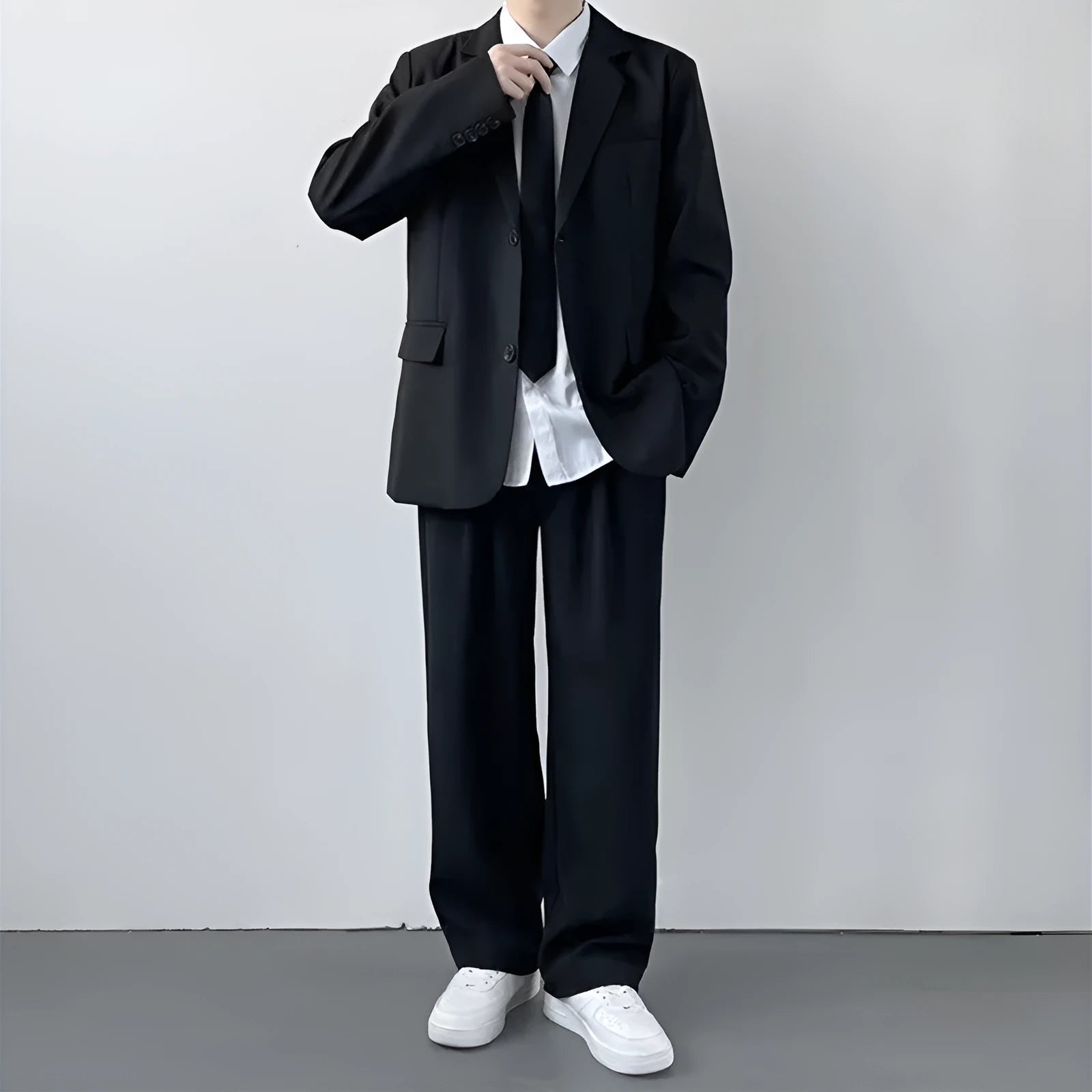 Men's plus size college-style suit jacket and trousers set in charcoal grey
