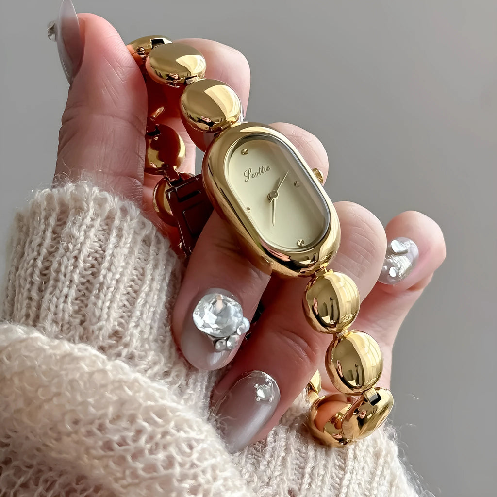 Oval women's watch with 9mm case thickness shown in multiple colour finishes