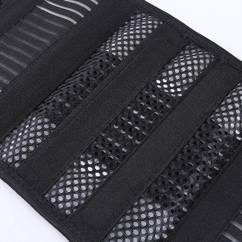 Black sports waist support belt with an internal steel plate for lumbar decompression, shown laid flat.