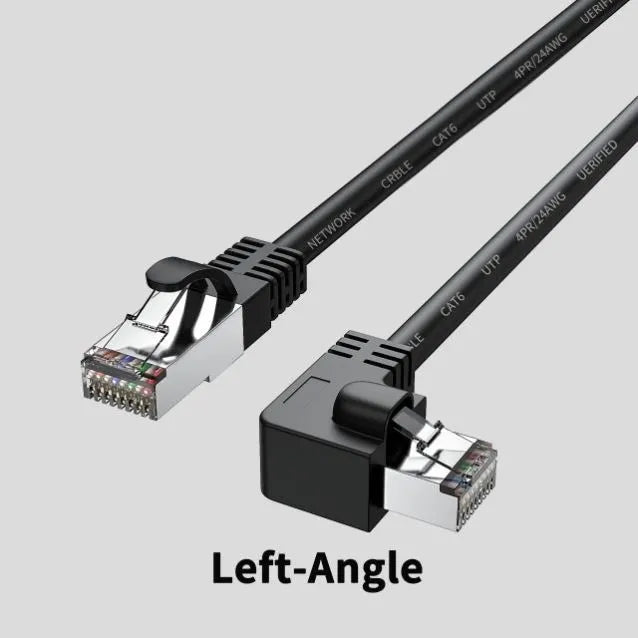 Cat6 Ethernet cable with a right-angle black RJ45 connector alongside cables in white, red, and yellow.