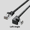 Cat6 Ethernet cable with a right-angle black RJ45 connector alongside cables in white, red, and yellow.