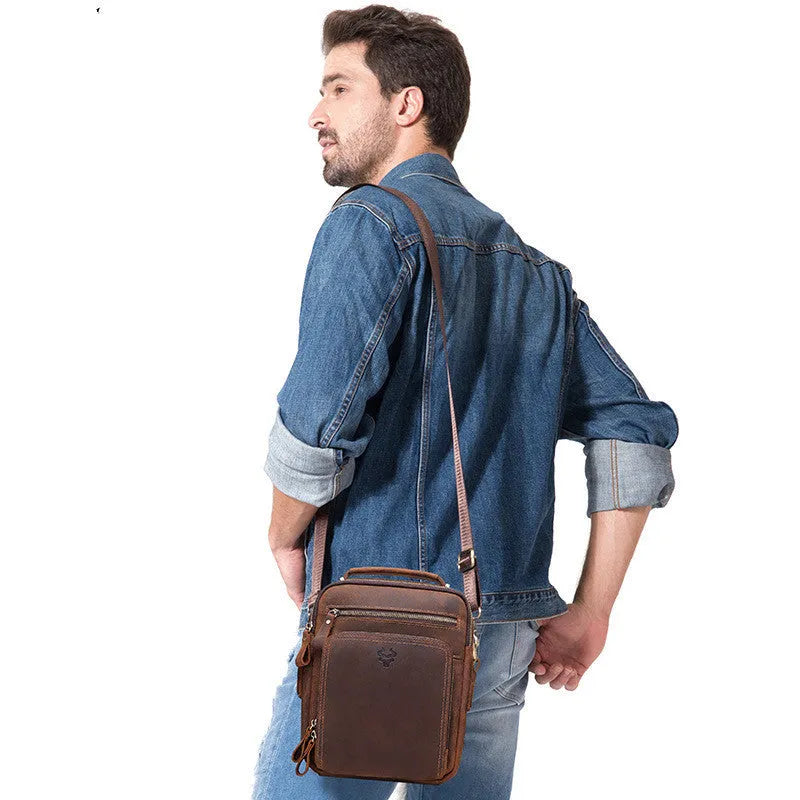 Men's brown genuine leather crossbody bag with single shoulder strap and vintage styling