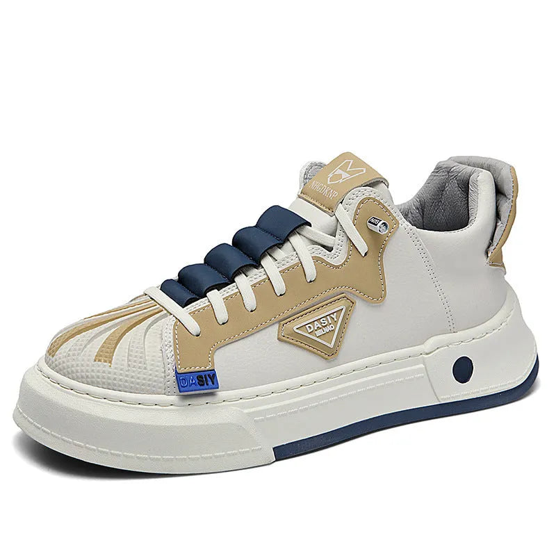 Men's beige casual sneakers with elastic band closure and leather stitching detail