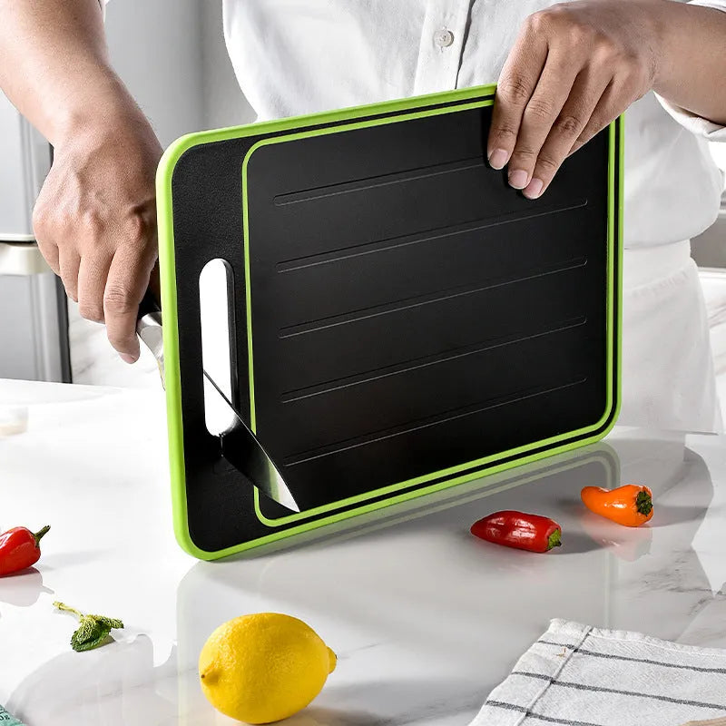 Grey square aluminium cutting board with double-sided design and integrated knife sharpener
